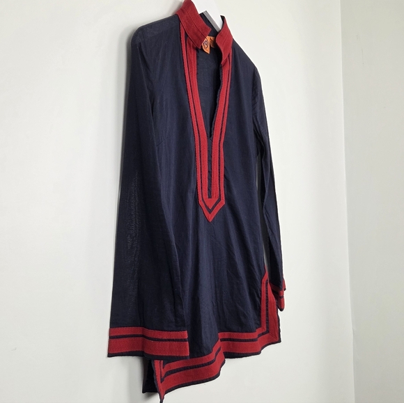 Tory Burch Long Sleeve Navy and Red V-Neck Cotton Side Zip Tunic Blouse Top 4 - Picture 2 of 10